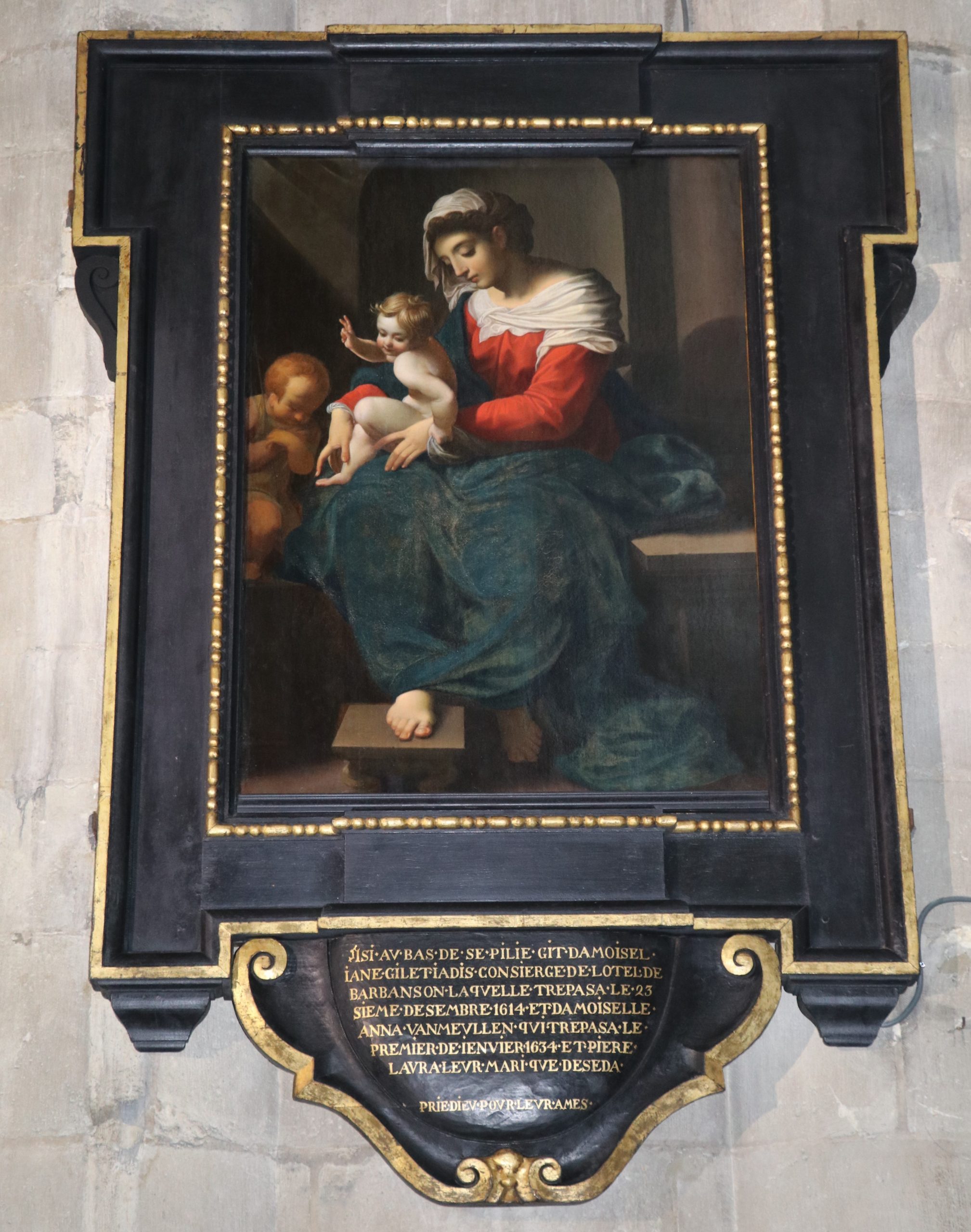 Peinture restaurée représentant la Vierge à l’Enfant et Saint Jean Baptiste d’Abraham Janssen dans un cadre noir.