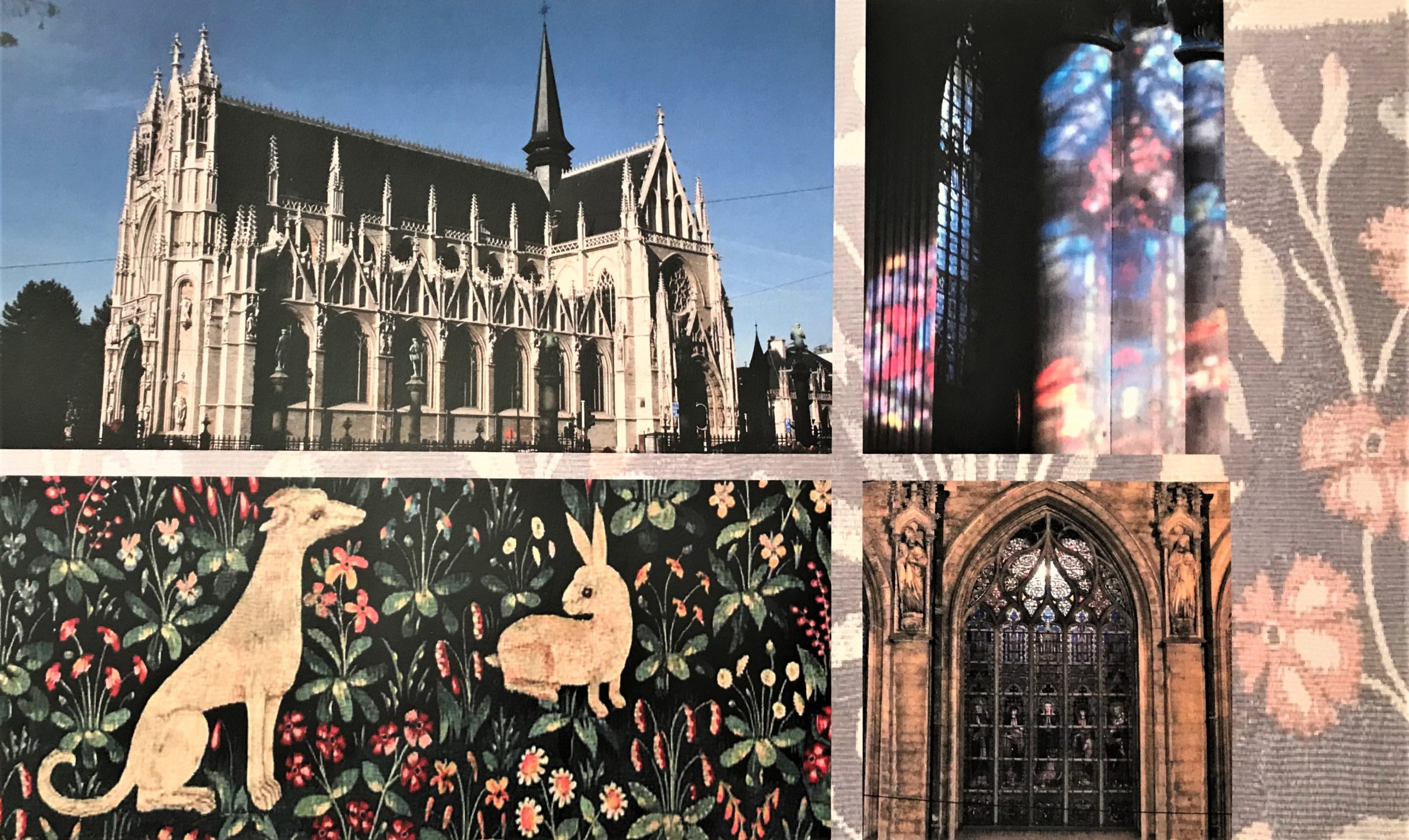 Ensemble d'images comprenant une cathédrale gothique, des vitraux colorés et des motifs décoratifs médiévaux.