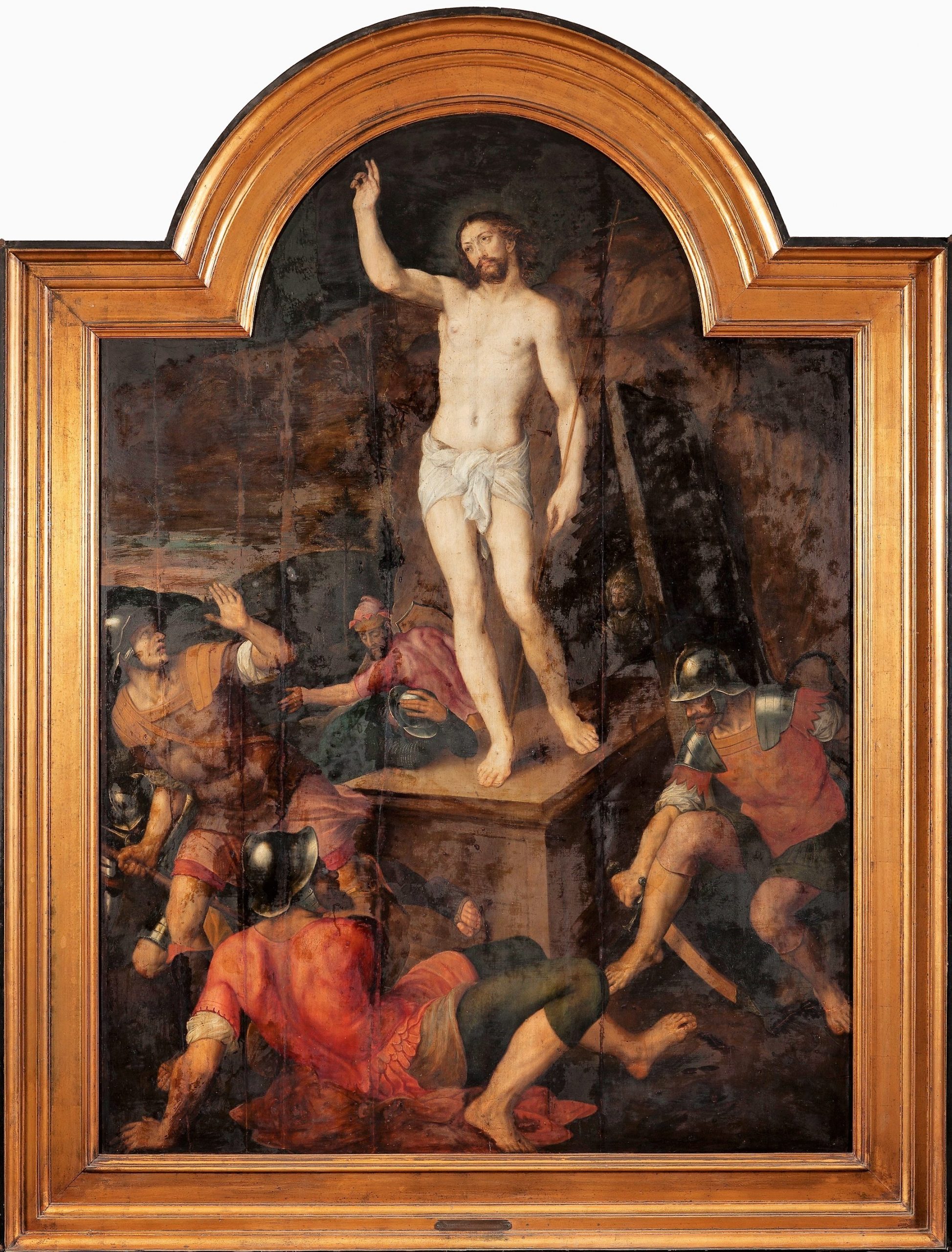 Zoom sur la peinture du triptyque de Michel Coxcie avant la restauration.