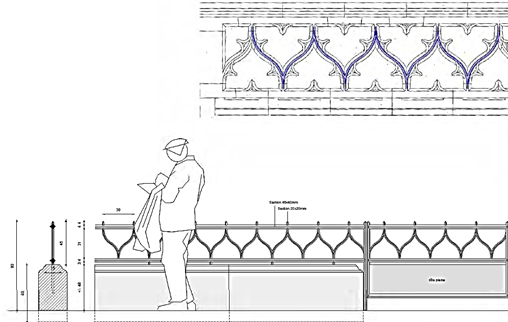 Dessin technique montrant des détails architecturaux et la conception d'une clôture avec mesures et annotations.