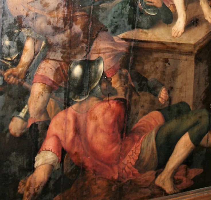 Zoom sur un personnage du tableau du triptyque de Michel Coxcie, avant restauration.