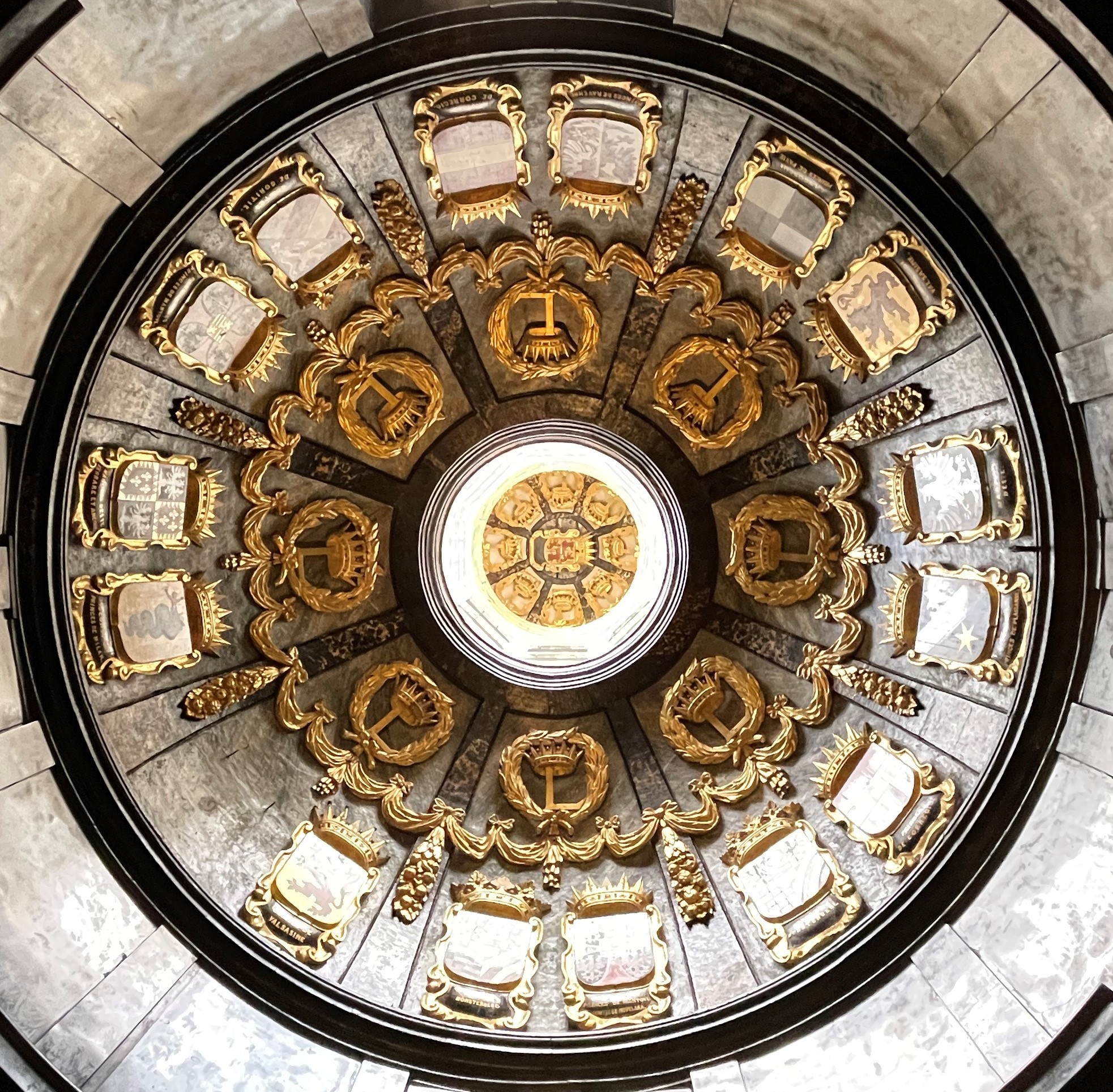 Gros plan sur la coupole au plafond avec armoiries et éléments dorés.